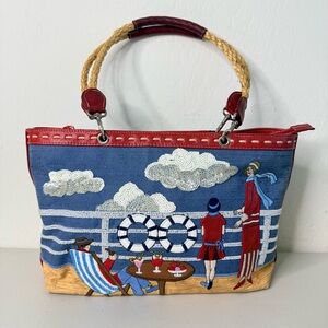 Vintage 90s Isabella Fiore Let's Cruise Sequined Whimsical Art Shoulder Bag